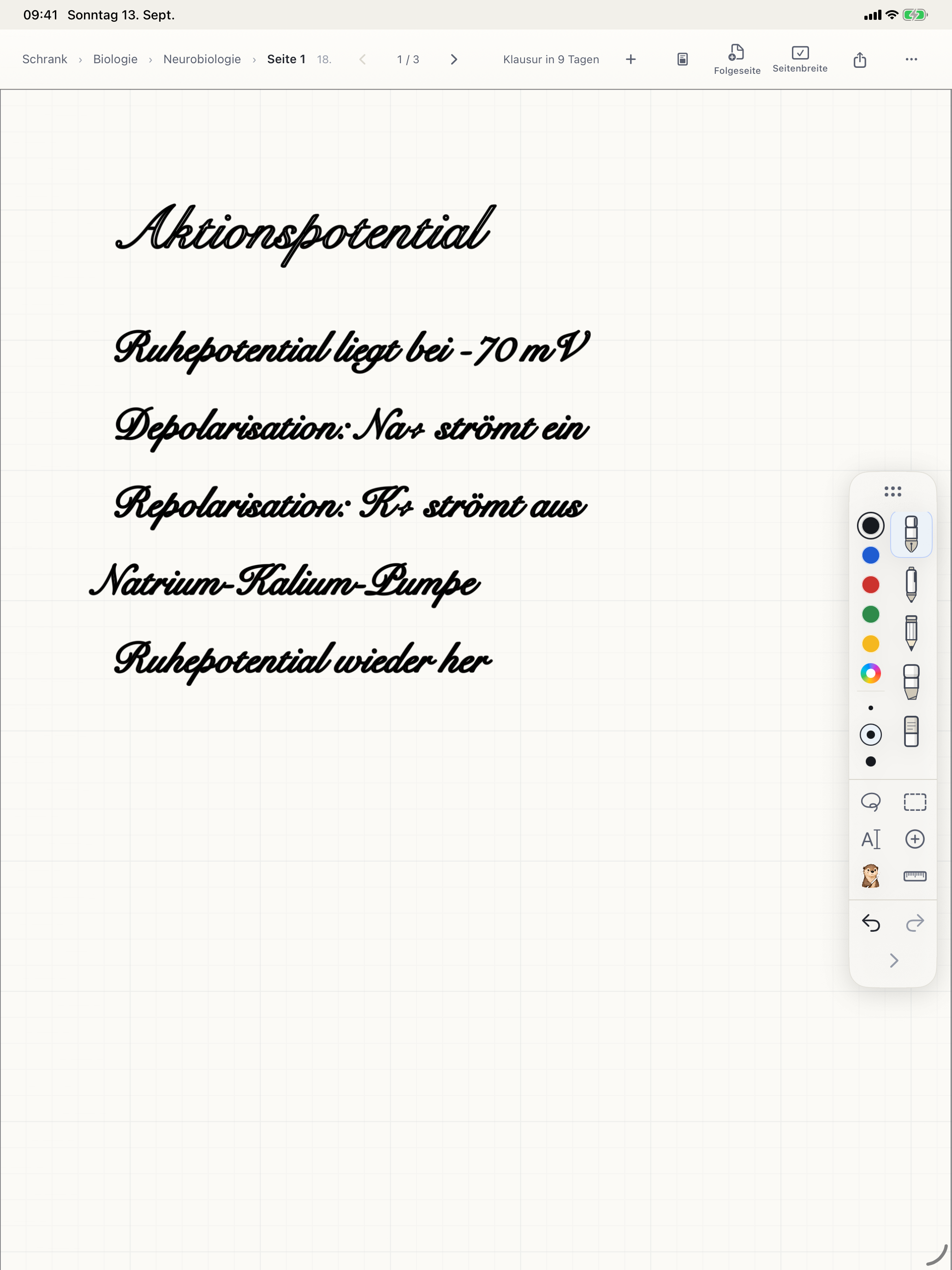 Otriva on iPad showing handwritten biology notes and the open pen toolbar along the right edge of the page.