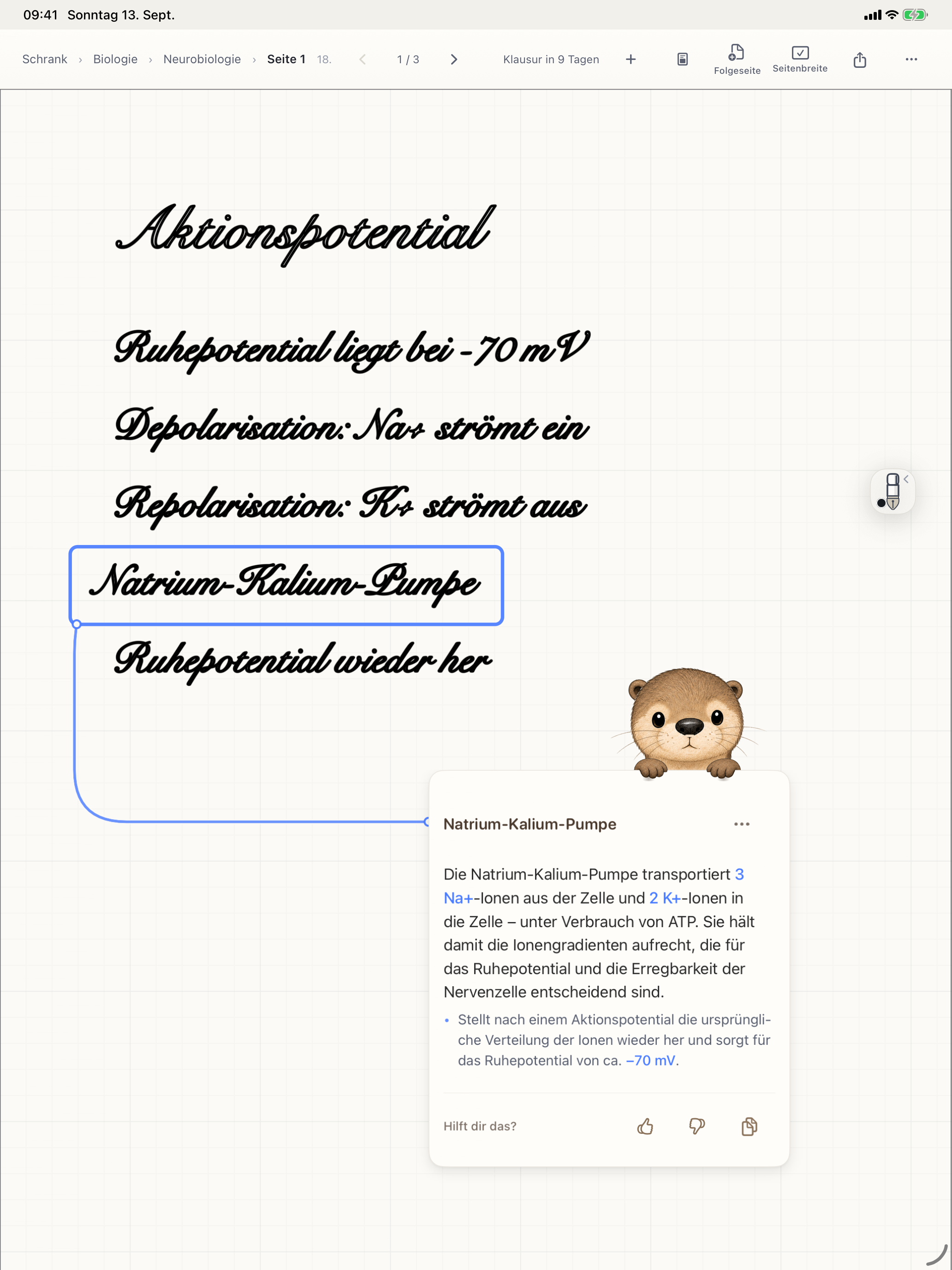 A circled passage about the sodium-potassium pump connected to an explanation card and the otter directly on the page in Otriva.