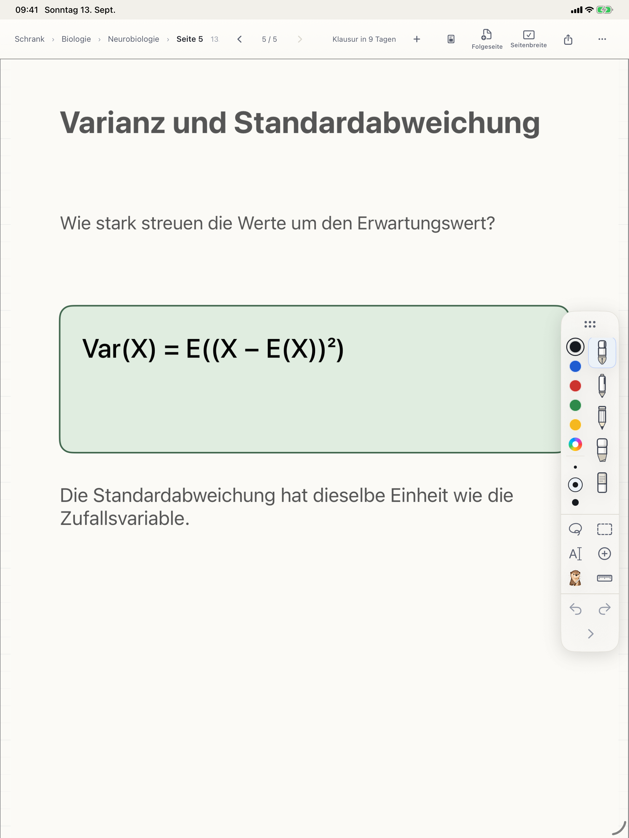 A PDF about variance and standard deviation in Otriva with the pen toolbar open for annotating the page.