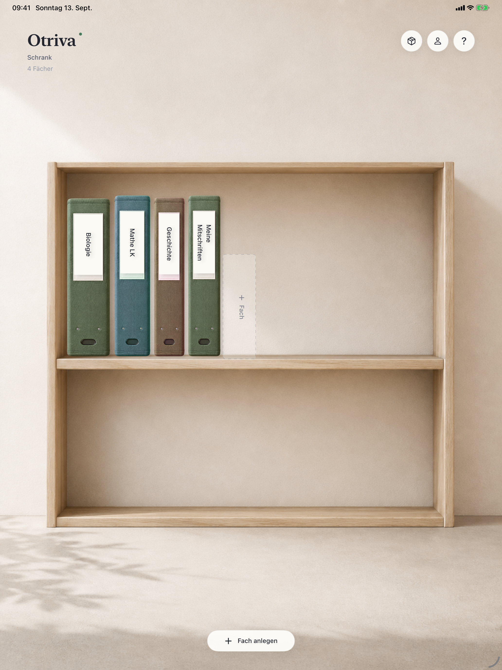 The Otriva shelf on iPad with binders for biology, mathematics, and history.